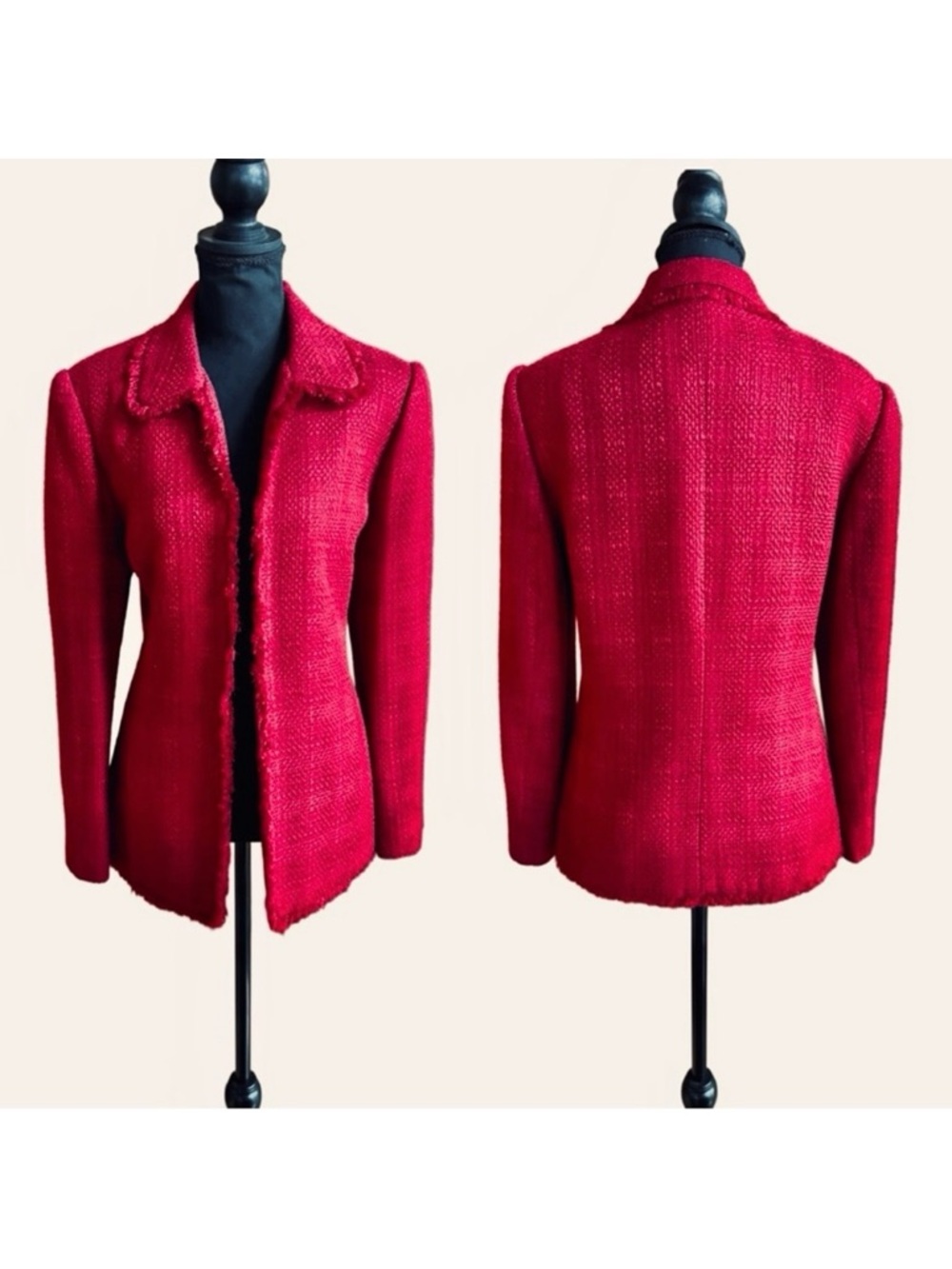 Dark Red Fringe-Trimmed Textured Lined Open-Front Alfred Dunner Blazer (12)